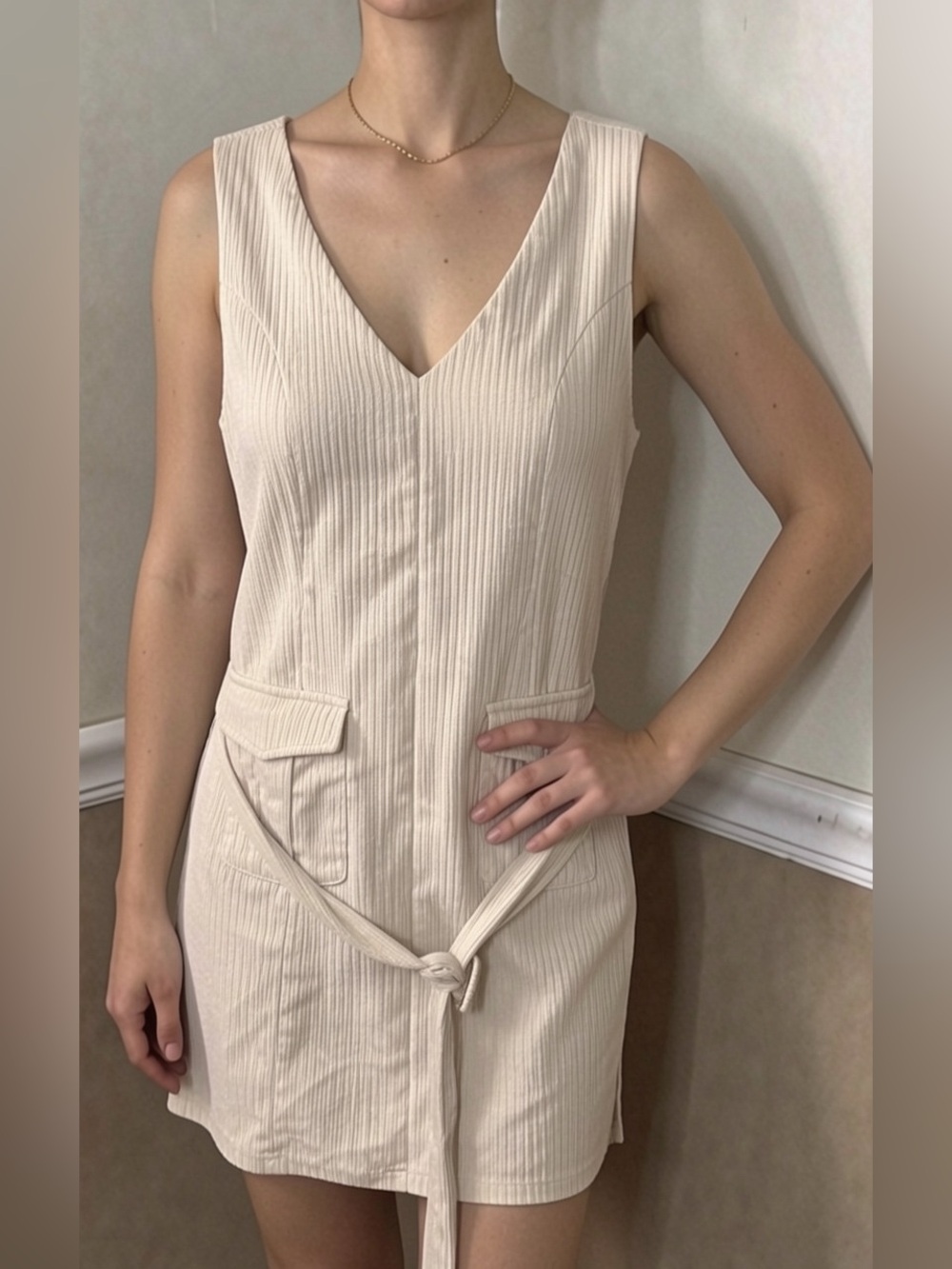 💜 5 for $20! HYFVE Cream Ribbed V-Neck Midi Dress with Tie Waist